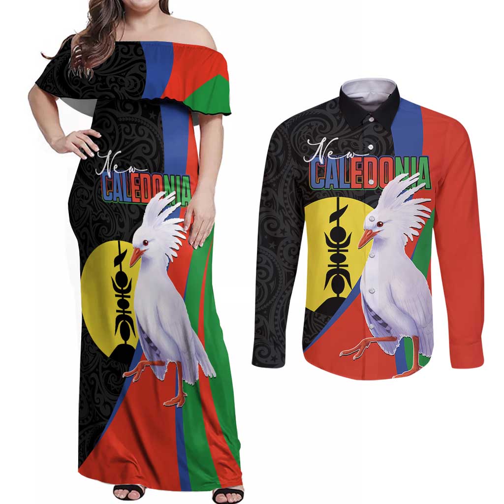 New Caledonia Couples Matching Off Shoulder Maxi Dress and Long Sleeve Button Shirt Kagu Bird and The Seal with Melanesian Culture - Polynesian Pride