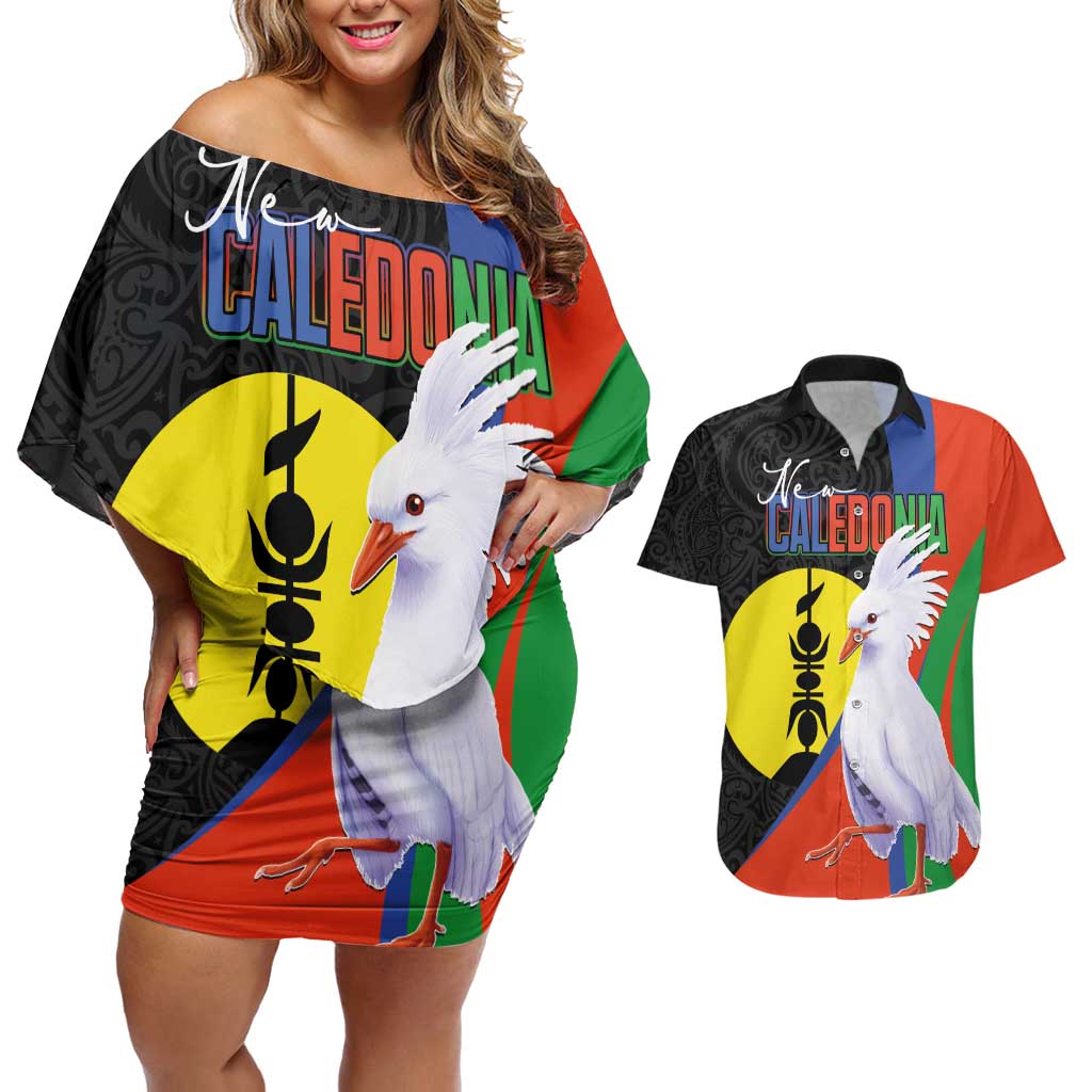 New Caledonia Couples Matching Off Shoulder Short Dress and Hawaiian Shirt Kagu Bird and The Seal with Melanesian Culture - Polynesian Pride