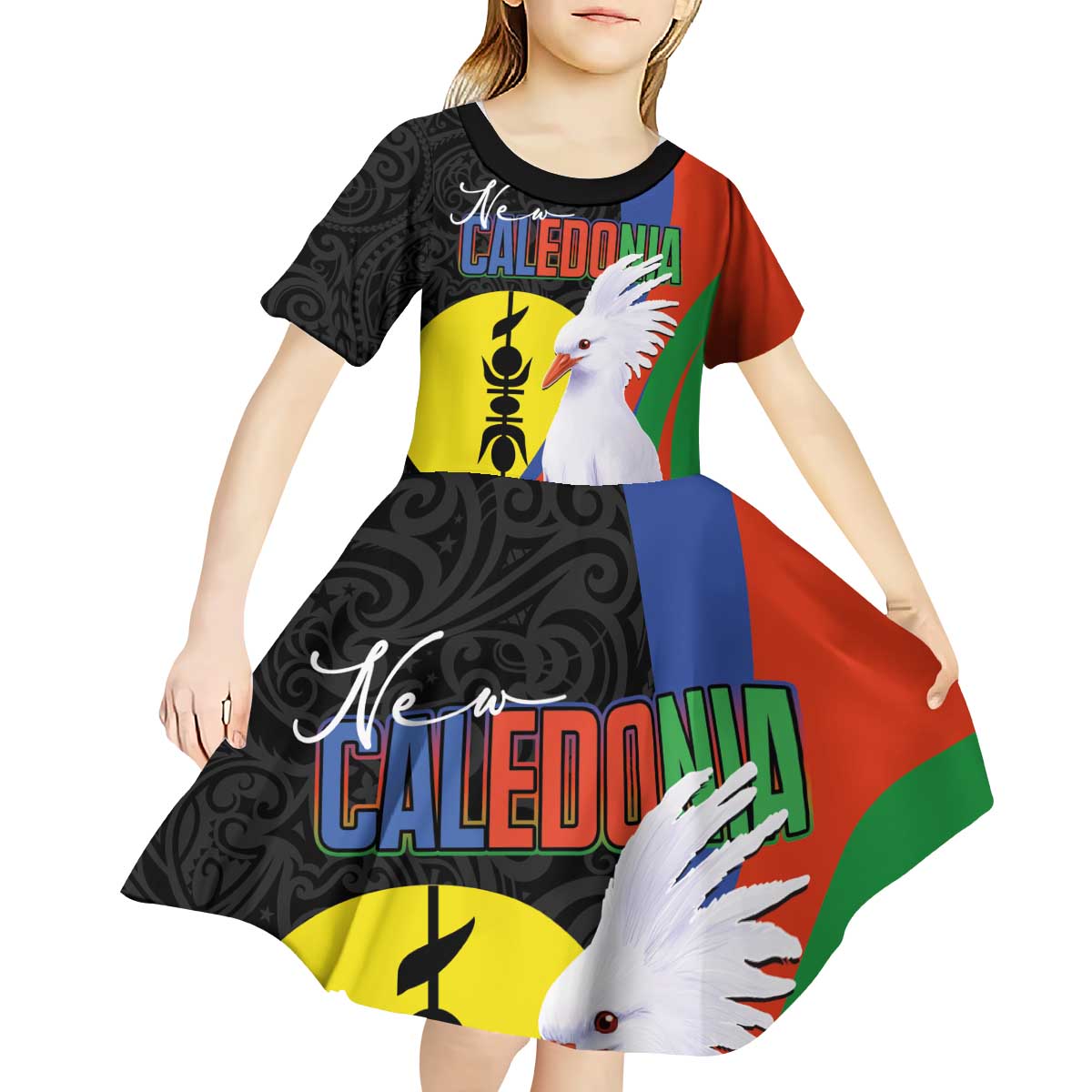 New Caledonia Kid Short Sleeve Dress Kagu Bird and The Seal with Melanesian Culture - Polynesian Pride