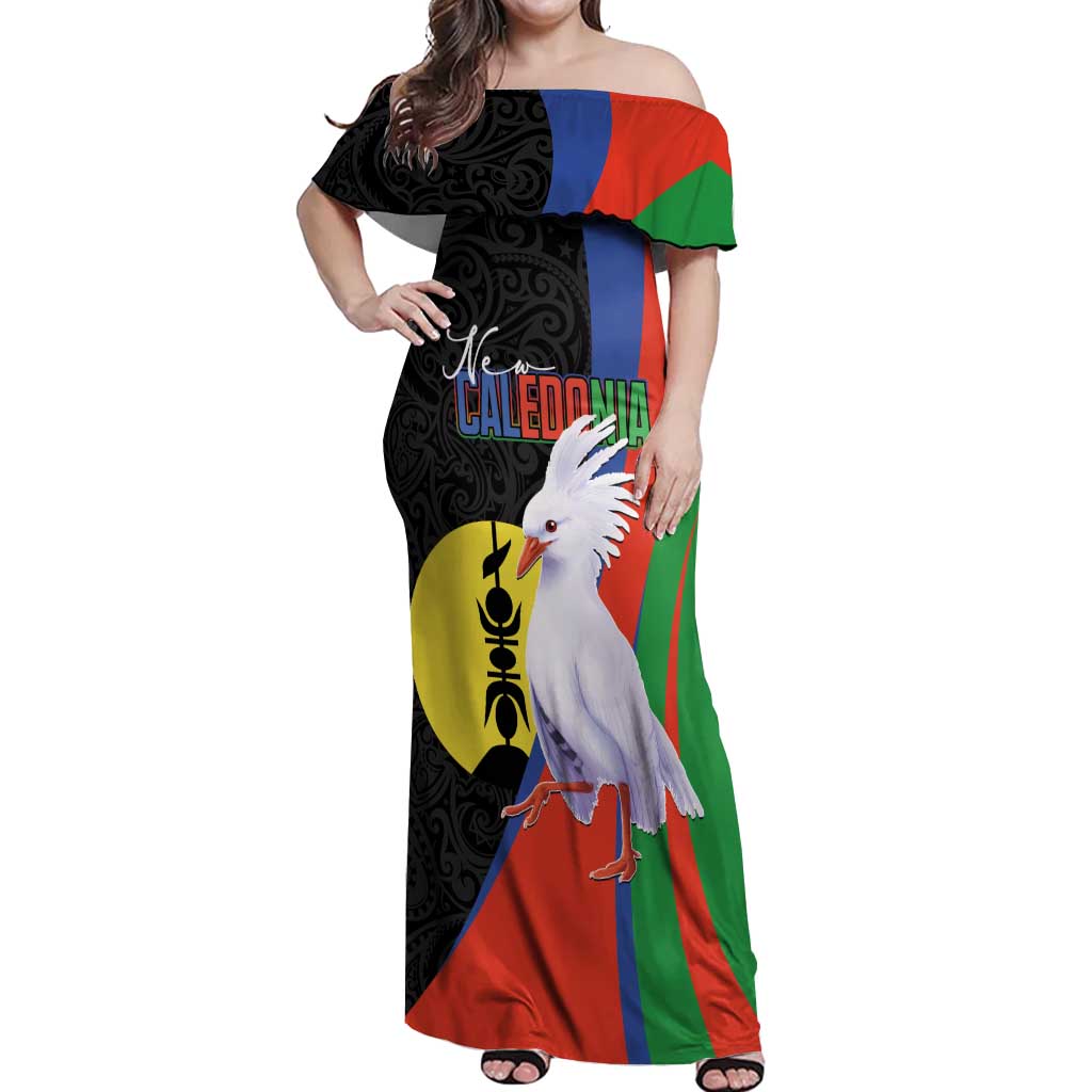 New Caledonia Off Shoulder Maxi Dress Kagu Bird and The Seal with Melanesian Culture - Polynesian Pride