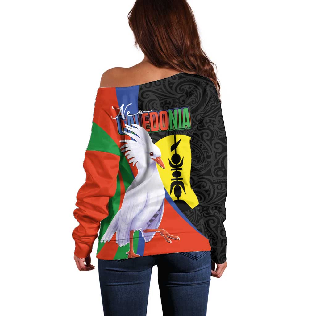 New Caledonia Off Shoulder Sweater Kagu Bird and The Seal with Melanesian Culture - Polynesian Pride
