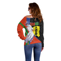 New Caledonia Off Shoulder Sweater Kagu Bird and The Seal with Melanesian Culture - Polynesian Pride