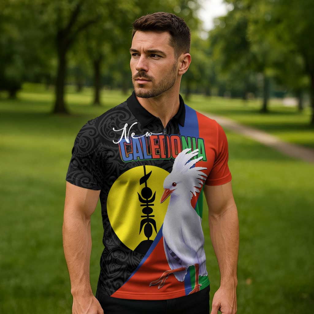 New Caledonia Zipper Polo Shirt Kagu Bird and The Seal with Melanesian Culture - Polynesian Pride