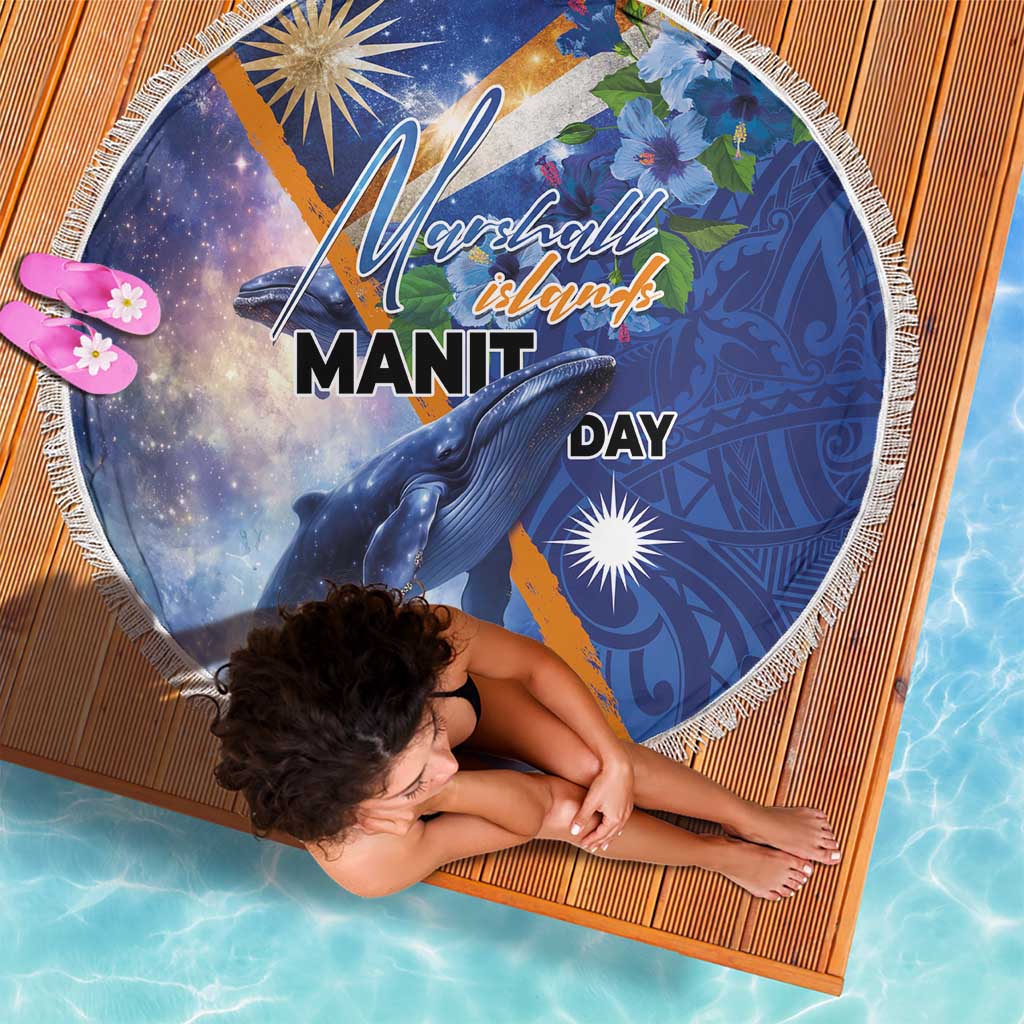 Marshall Islands Manit Day Beach Blanket Grunge National Flag with Whales and Tribal Tattoos - Polynesian Pride