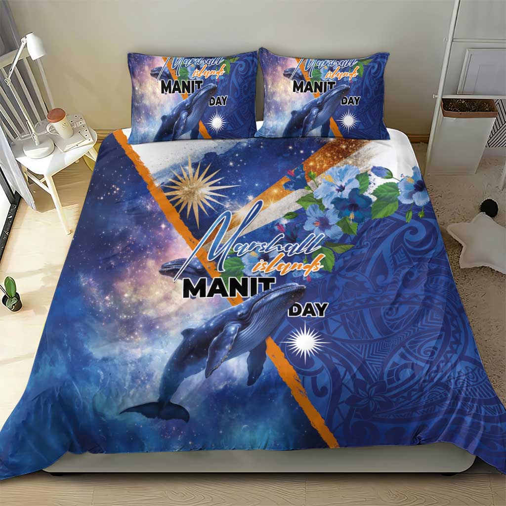 Marshall Islands Manit Day Bedding Set Grunge National Flag with Whales and Tribal Tattoos - Polynesian Pride