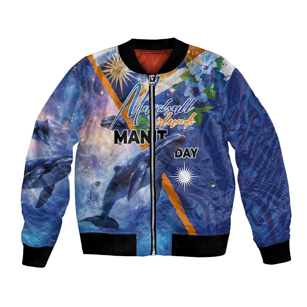Marshall Islands Manit Day Bomber Jacket Grunge National Flag with Whales and Tribal Tattoos - Polynesian Pride