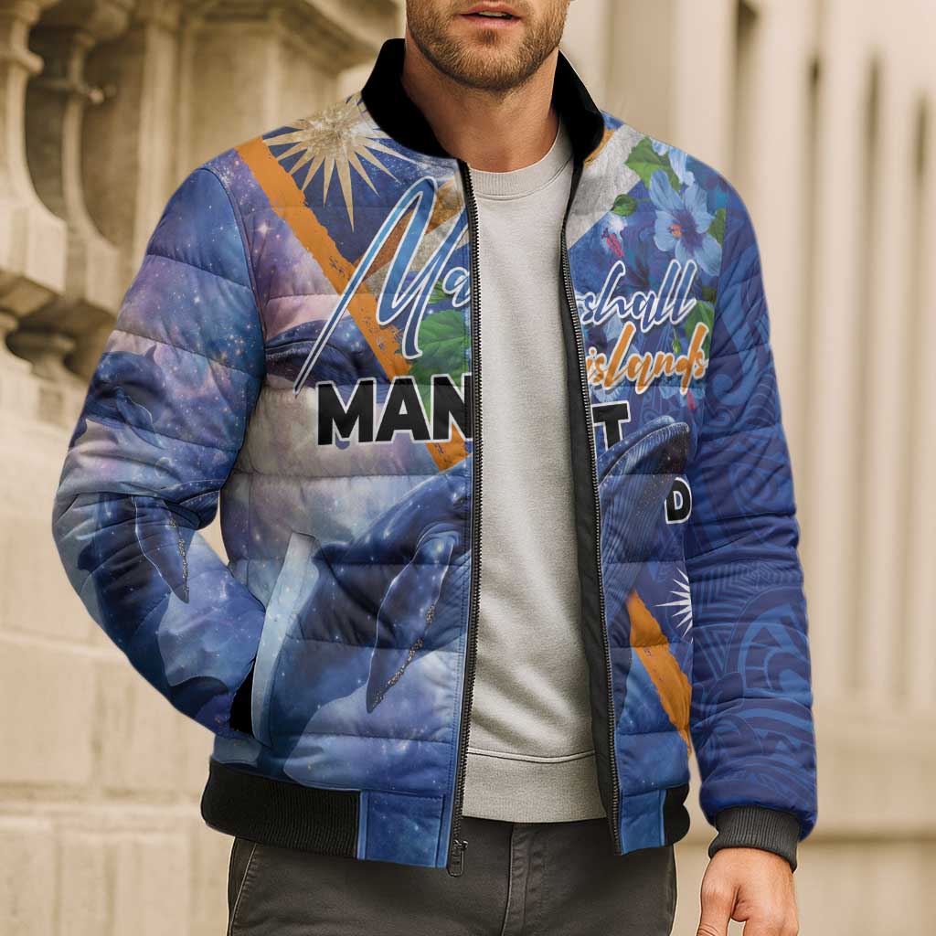 Marshall Islands Manit Day Bomber Puffer Jacket Grunge National Flag with Whales and Tribal Tattoos - Polynesian Pride