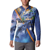 Marshall Islands Manit Day Button Sweatshirt Grunge National Flag with Whales and Tribal Tattoos - Polynesian Pride