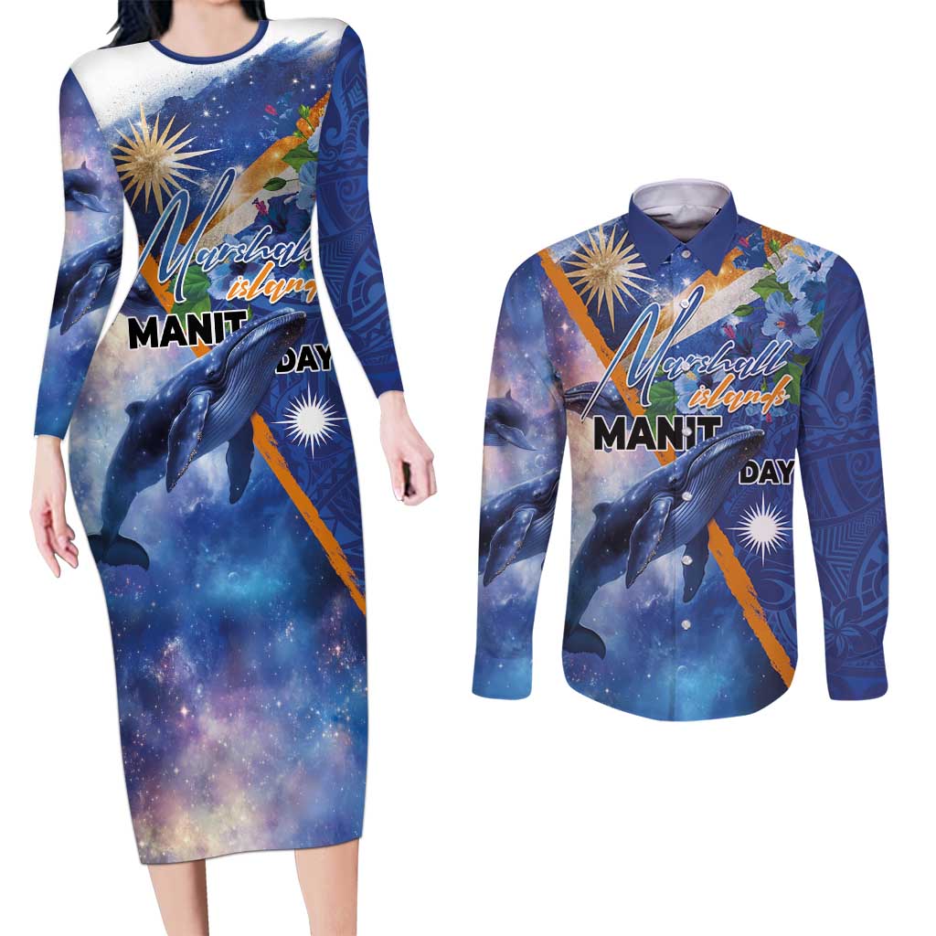 Marshall Islands Manit Day Couples Matching Long Sleeve Bodycon Dress and Long Sleeve Button Shirt Grunge National Flag with Whales and Tribal Tattoos - Polynesian Pride