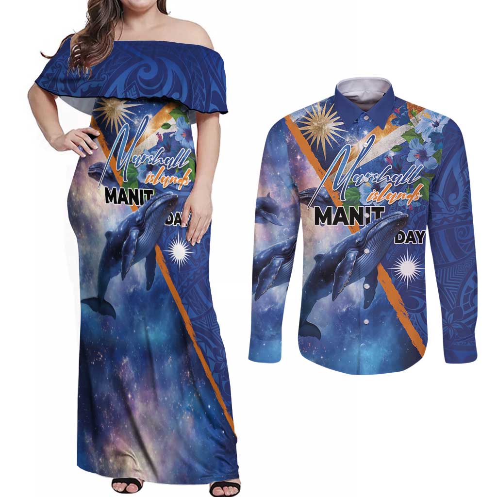 Marshall Islands Manit Day Couples Matching Off Shoulder Maxi Dress and Long Sleeve Button Shirt Grunge National Flag with Whales and Tribal Tattoos - Polynesian Pride