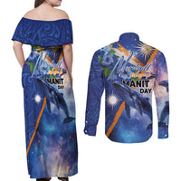 Marshall Islands Manit Day Couples Matching Off Shoulder Maxi Dress and Long Sleeve Button Shirt Grunge National Flag with Whales and Tribal Tattoos - Polynesian Pride