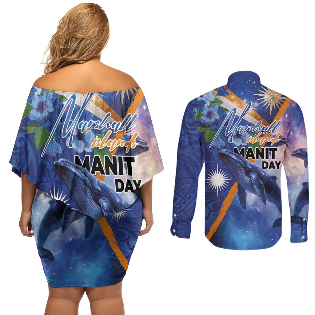 Marshall Islands Manit Day Couples Matching Off Shoulder Short Dress and Long Sleeve Button Shirt Grunge National Flag with Whales and Tribal Tattoos - Polynesian Pride
