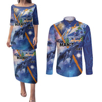 Marshall Islands Manit Day Couples Matching Puletasi and Long Sleeve Button Shirt Grunge National Flag with Whales and Tribal Tattoos - Polynesian Pride