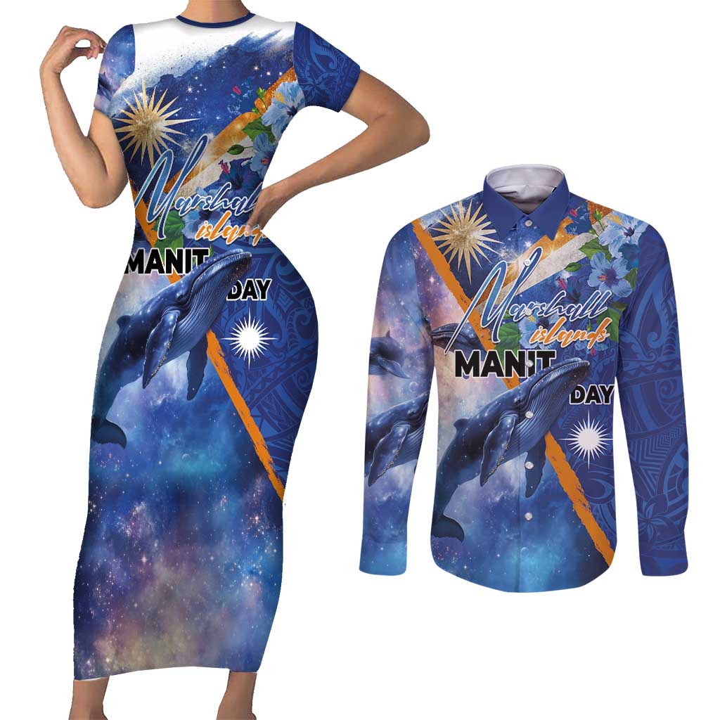 Marshall Islands Manit Day Couples Matching Short Sleeve Bodycon Dress and Long Sleeve Button Shirt Grunge National Flag with Whales and Tribal Tattoos - Polynesian Pride