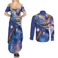 Marshall Islands Manit Day Couples Matching Summer Maxi Dress and Long Sleeve Button Shirt Grunge National Flag with Whales and Tribal Tattoos - Polynesian Pride