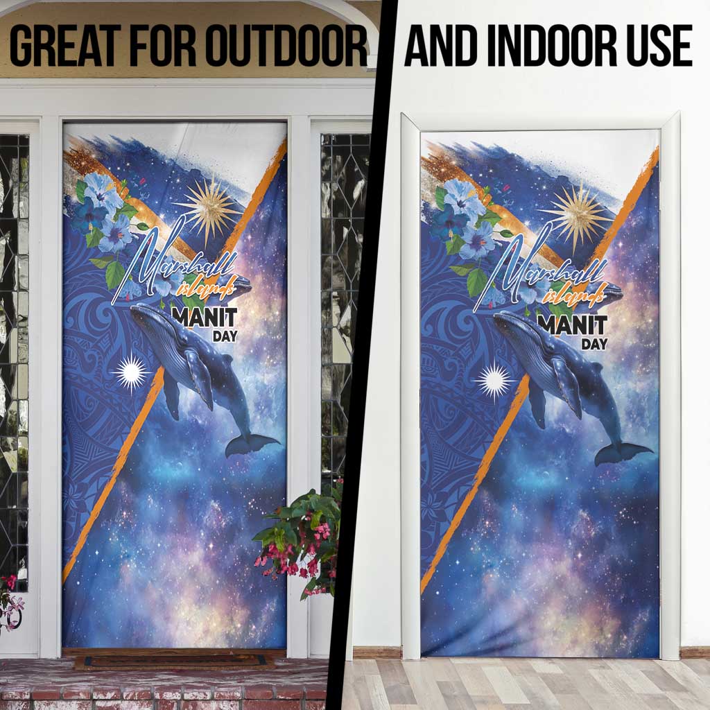 Marshall Islands Manit Day Door Cover Grunge National Flag with Whales and Tribal Tattoos - Polynesian Pride