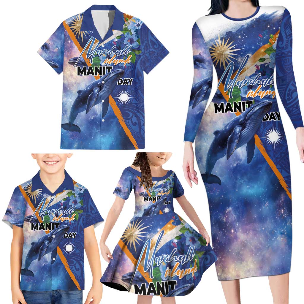 Marshall Islands Manit Day Family Matching Long Sleeve Bodycon Dress and Hawaiian Shirt Grunge National Flag with Whales and Tribal Tattoos - Polynesian Pride