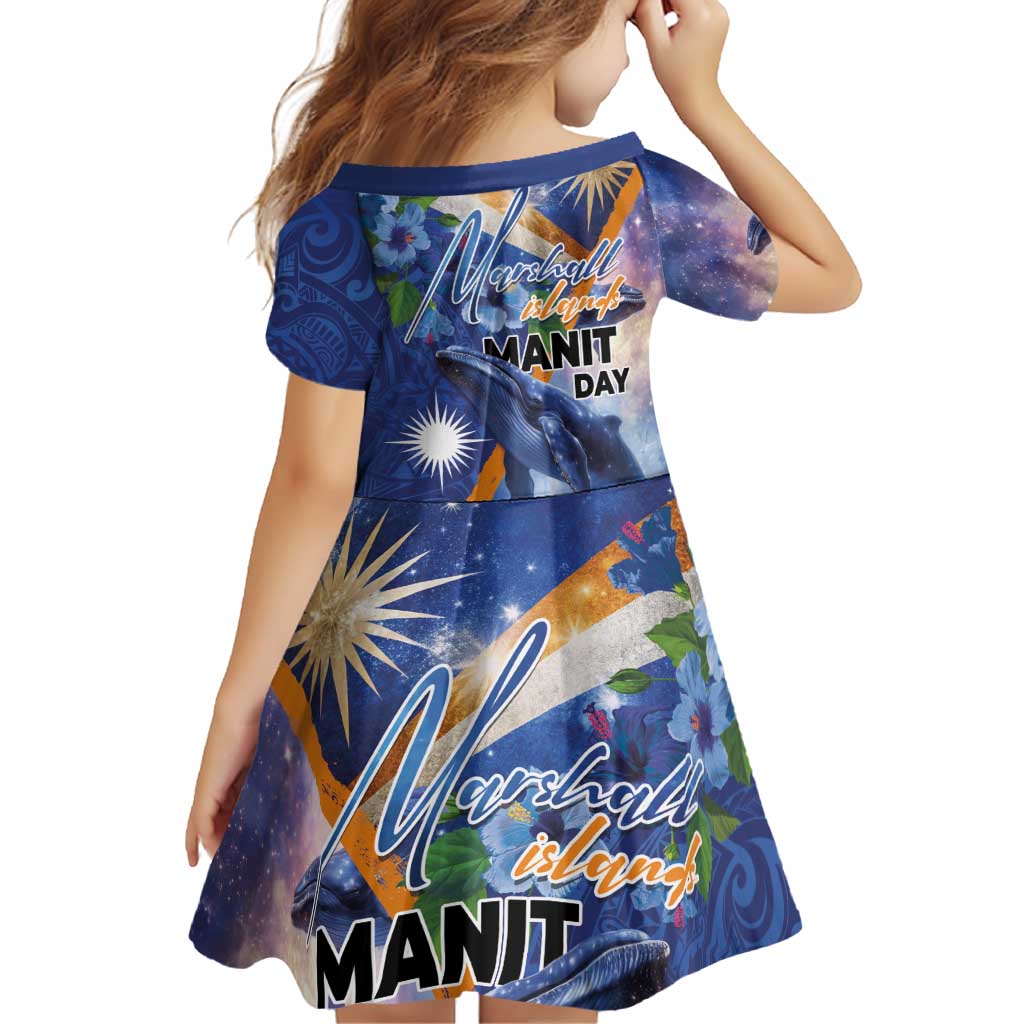 Marshall Islands Manit Day Family Matching Off Shoulder Short Dress and Hawaiian Shirt Grunge National Flag with Whales and Tribal Tattoos - Polynesian Pride