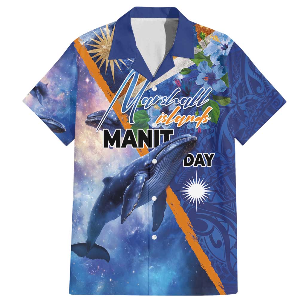 Marshall Islands Manit Day Family Matching Off Shoulder Short Dress and Hawaiian Shirt Grunge National Flag with Whales and Tribal Tattoos - Polynesian Pride