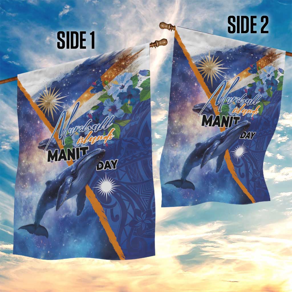 Marshall Islands Manit Day Garden Flag Grunge National Flag with Whales and Tribal Tattoos - Polynesian Pride