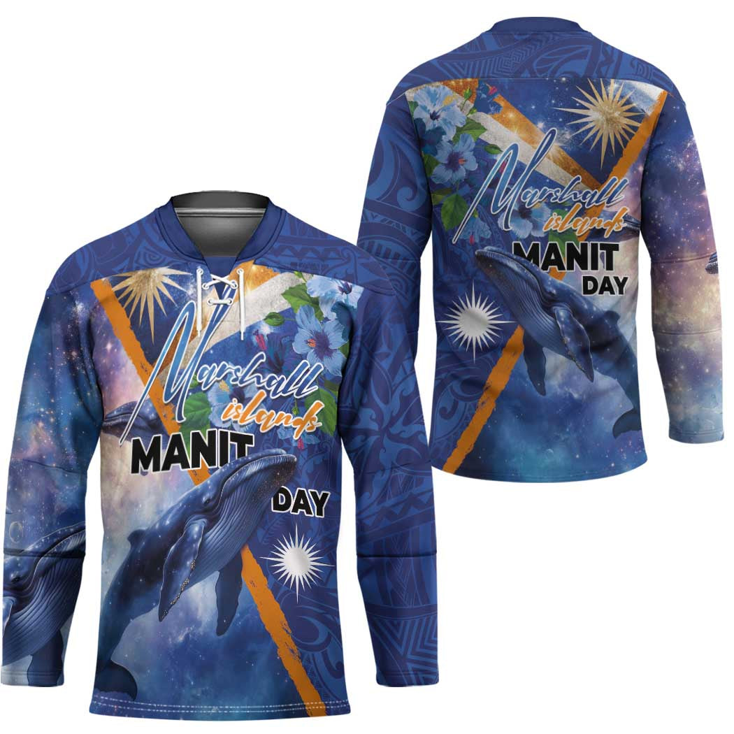 Marshall Islands Manit Day Hockey Jersey Grunge National Flag with Whales and Tribal Tattoos - Polynesian Pride