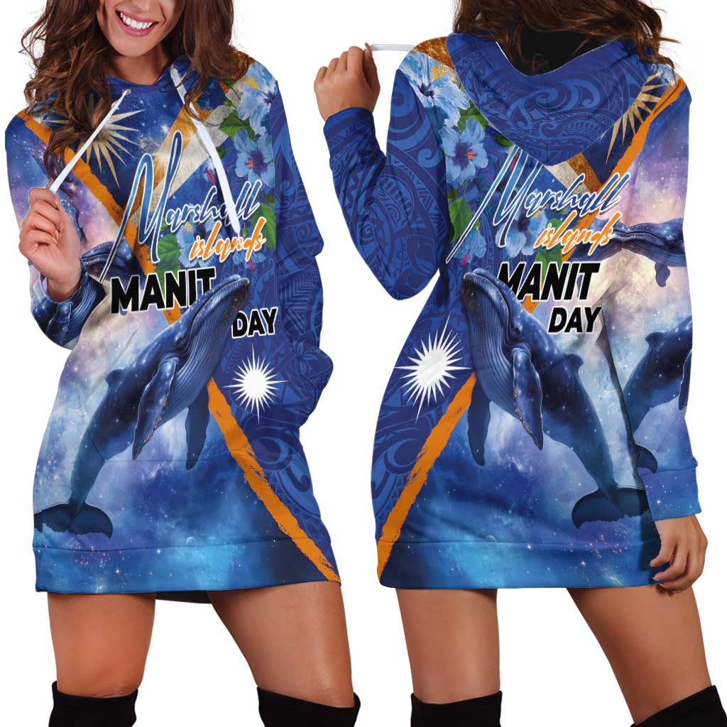 Marshall Islands Manit Day Hoodie Dress Grunge National Flag with Whales and Tribal Tattoos - Polynesian Pride