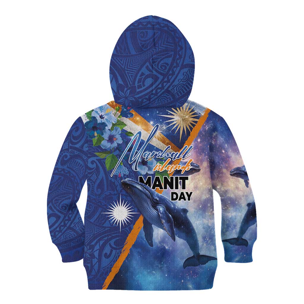 Marshall Islands Manit Day Kid Hoodie Grunge National Flag with Whales and Tribal Tattoos - Polynesian Pride