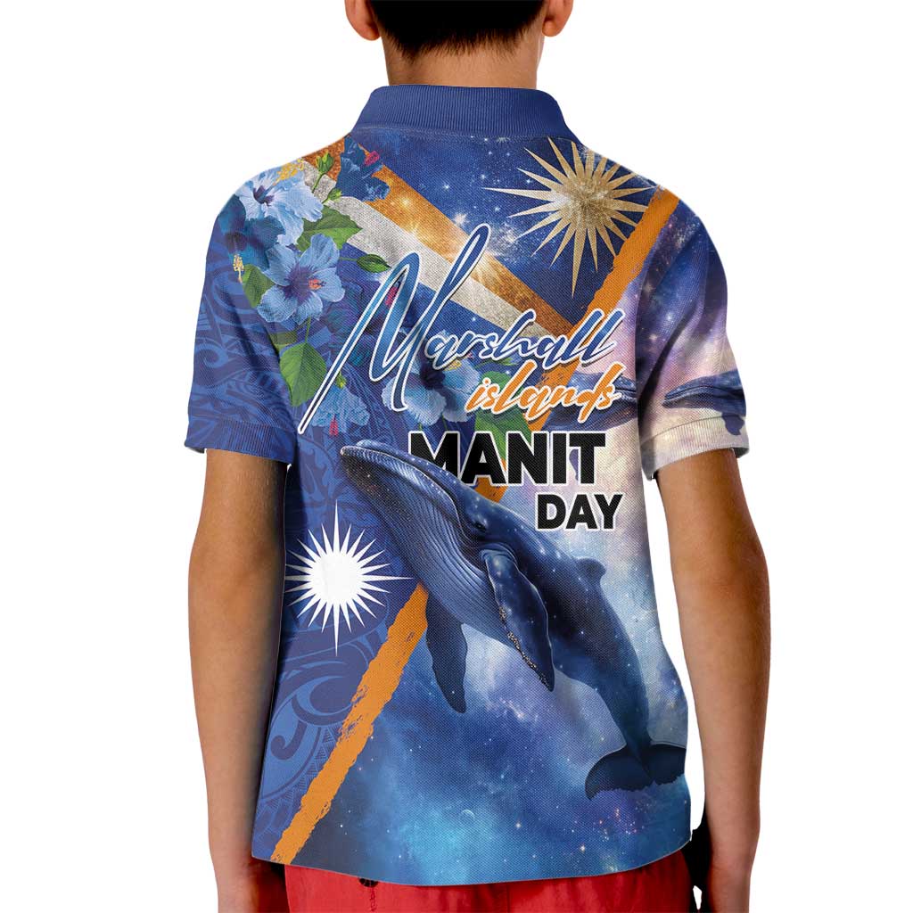 Marshall Islands Manit Day Kid Polo Shirt Grunge National Flag with Whales and Tribal Tattoos - Polynesian Pride