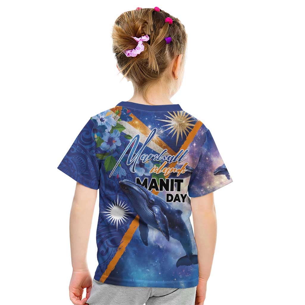 Marshall Islands Manit Day Kid T Shirt Grunge National Flag with Whales and Tribal Tattoos - Polynesian Pride