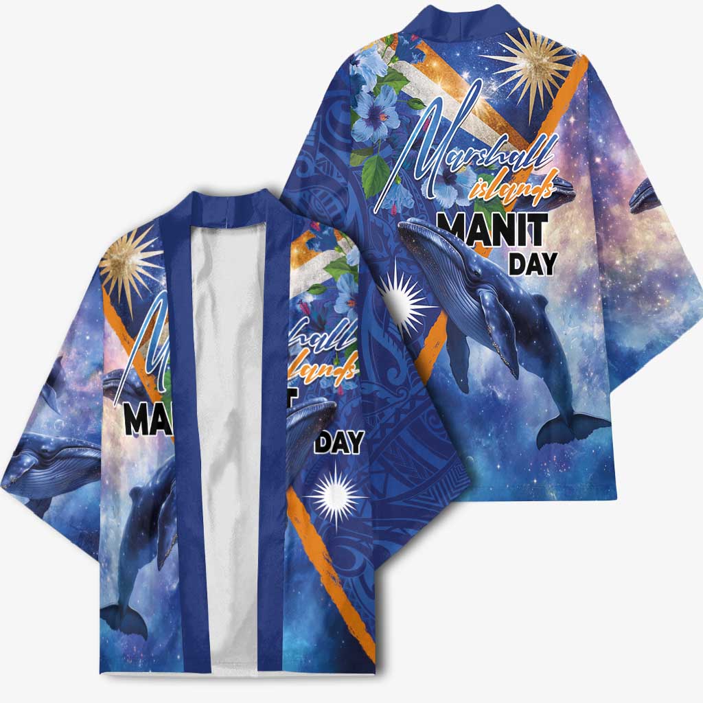 Marshall Islands Manit Day Kimono Grunge National Flag with Whales and Tribal Tattoos - Polynesian Pride