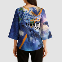 Marshall Islands Manit Day Kimono Sleeve Blouse Grunge National Flag with Whales and Tribal Tattoos - Polynesian Pride