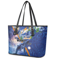 Marshall Islands Manit Day Leather Tote Bag Grunge National Flag with Whales and Tribal Tattoos - Polynesian Pride