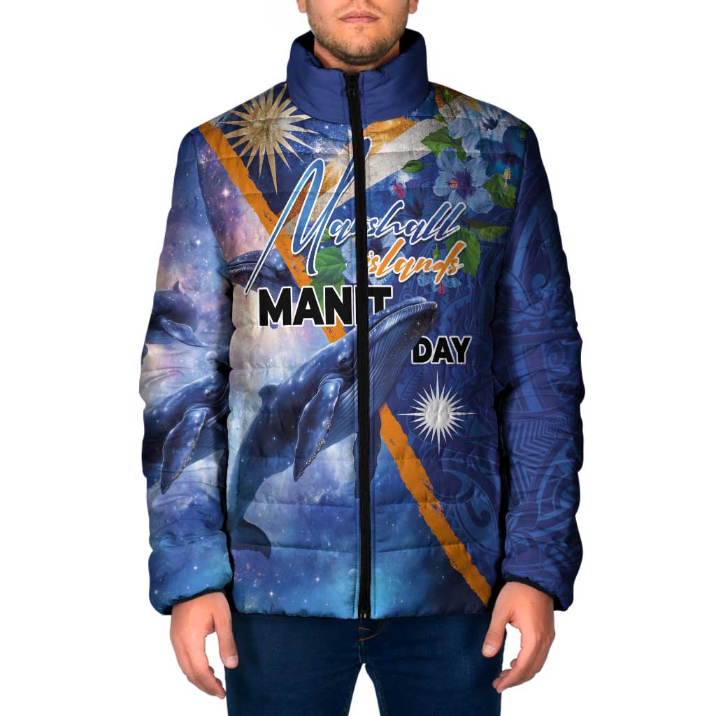Marshall Islands Manit Day Padded Jacket Grunge National Flag with Whales and Tribal Tattoos - Polynesian Pride