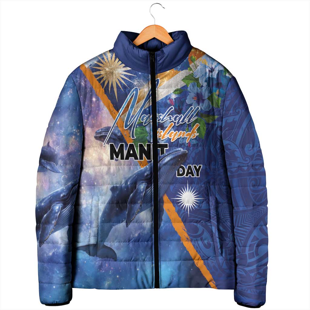 Marshall Islands Manit Day Padded Jacket Grunge National Flag with Whales and Tribal Tattoos - Polynesian Pride