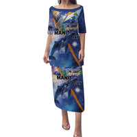 Marshall Islands Manit Day Puletasi Grunge National Flag with Whales and Tribal Tattoos - Polynesian Pride