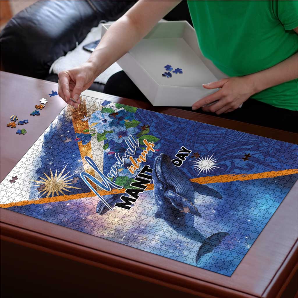 Marshall Islands Manit Day Puzzle Grunge National Flag with Whales and Tribal Tattoos - Polynesian Pride
