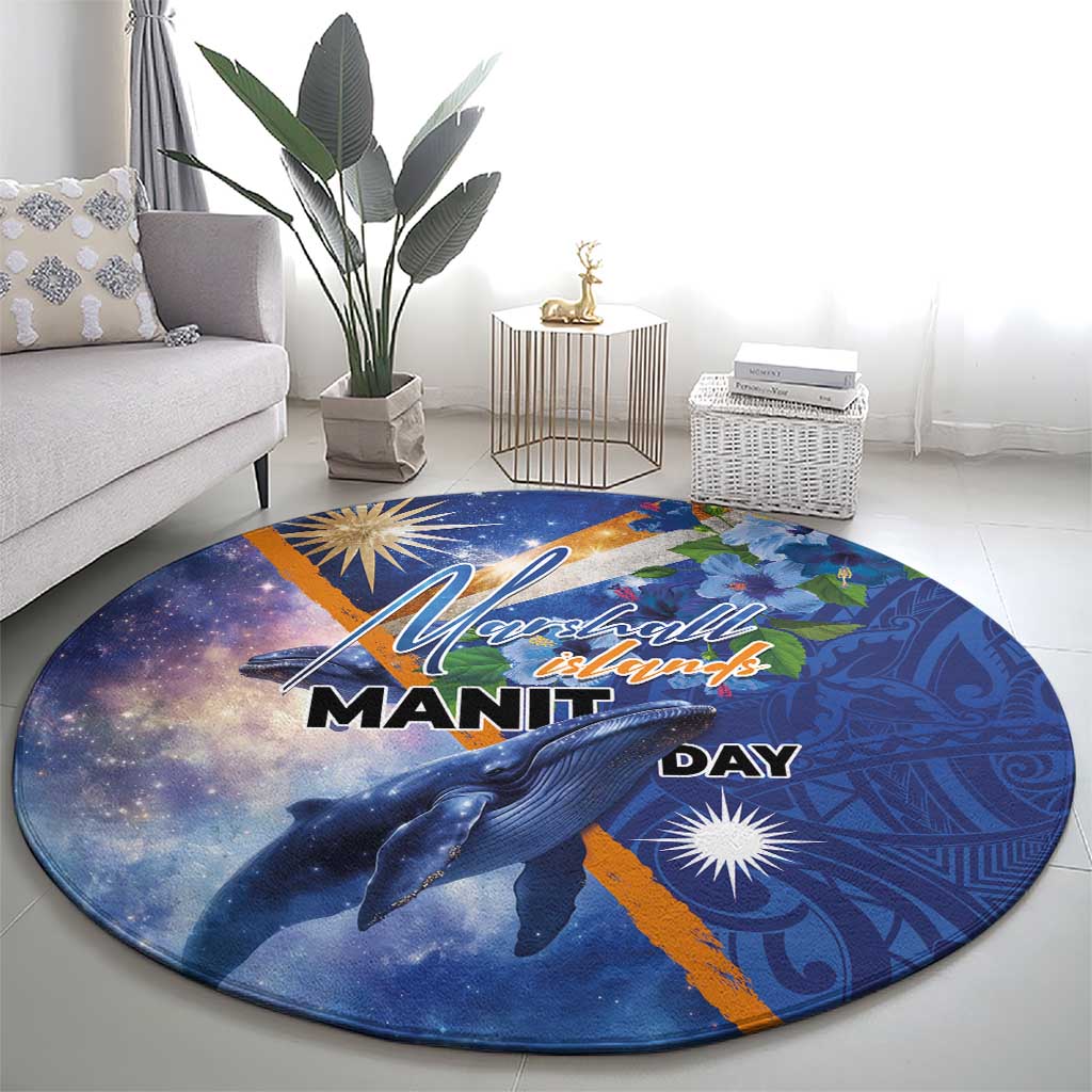 Marshall Islands Manit Day Round Carpet Grunge National Flag with Whales and Tribal Tattoos - Polynesian Pride