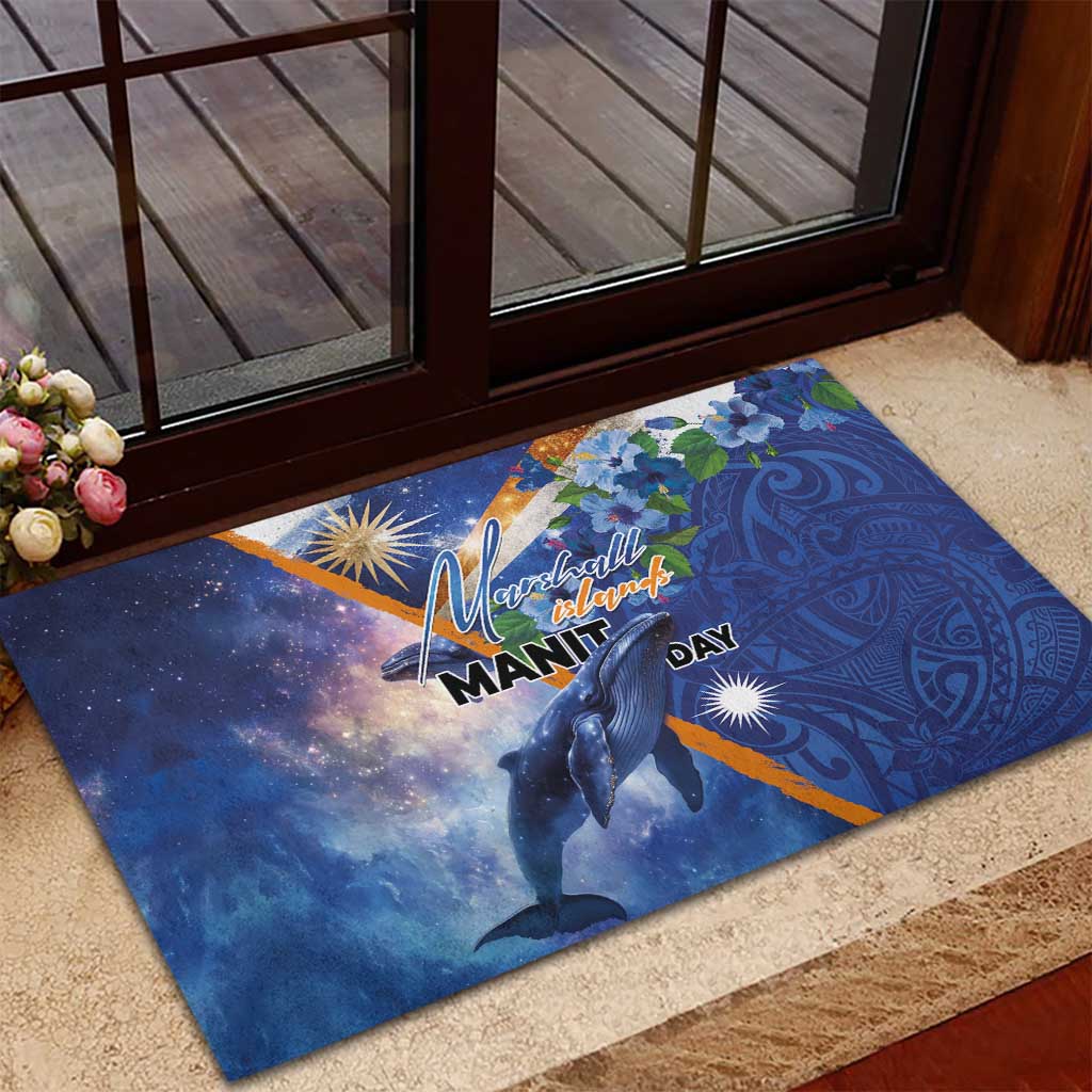 Marshall Islands Manit Day Rubber Doormat Grunge National Flag with Whales and Tribal Tattoos - Polynesian Pride