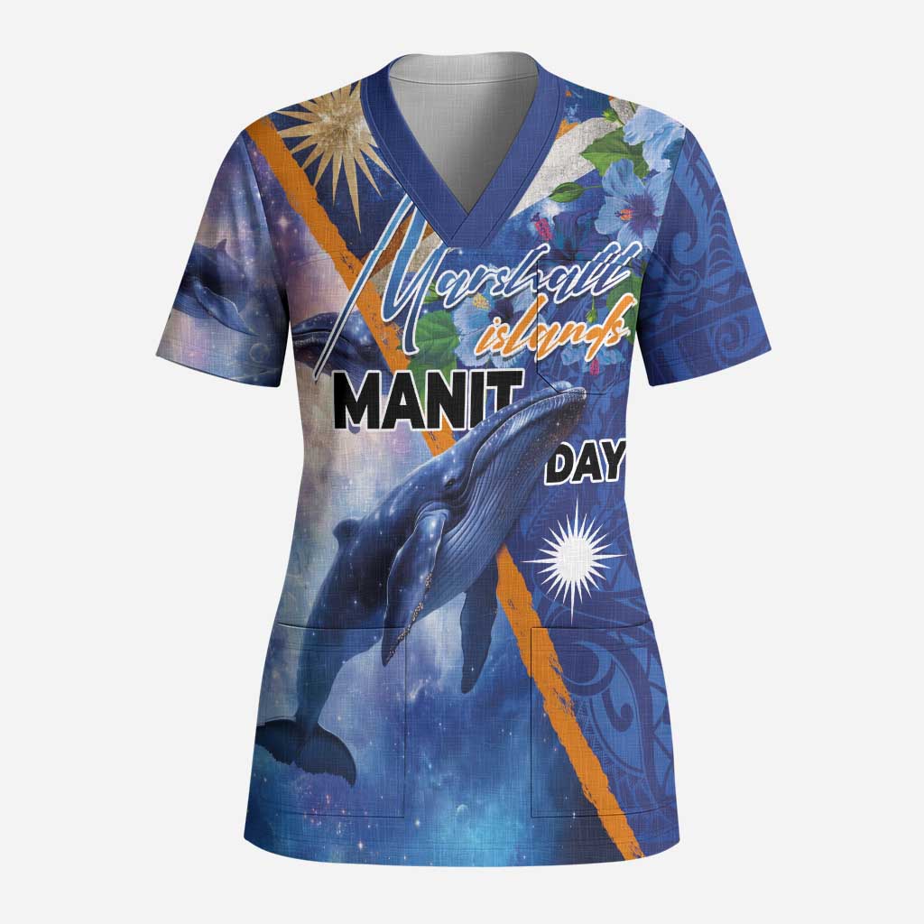 Marshall Islands Manit Day Scrub Top Grunge National Flag with Whales and Tribal Tattoos - Polynesian Pride