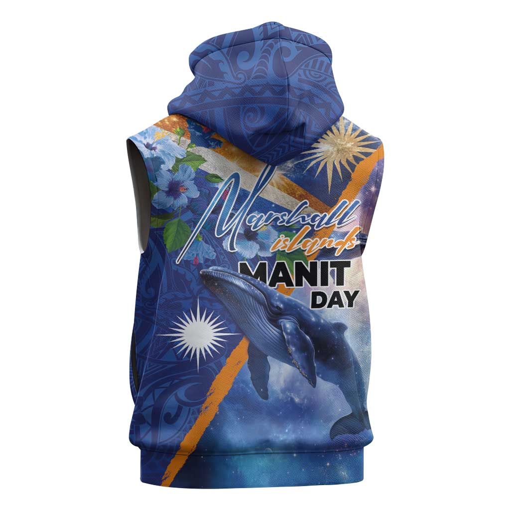 Marshall Islands Manit Day Sleeveless Hoodie Grunge National Flag with Whales and Tribal Tattoos - Polynesian Pride