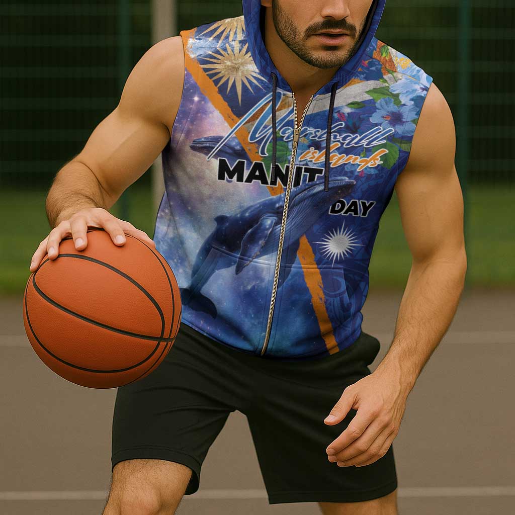 Marshall Islands Manit Day Sleeveless Zip Hoodie Grunge National Flag with Whales and Tribal Tattoos - Polynesian Pride