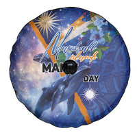 Marshall Islands Manit Day Spare Tire Cover Grunge National Flag with Whales and Tribal Tattoos - Polynesian Pride