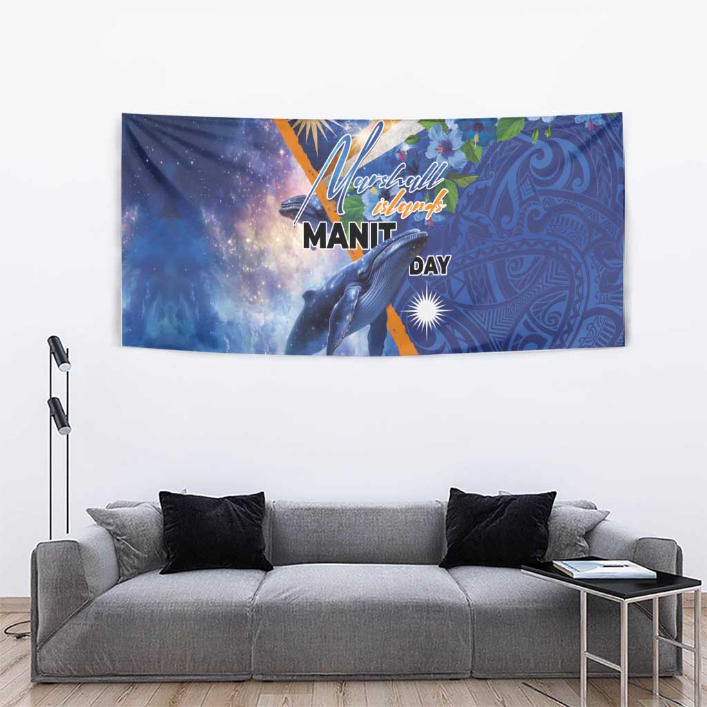 Marshall Islands Manit Day Tapestry Grunge National Flag with Whales and Tribal Tattoos - Polynesian Pride