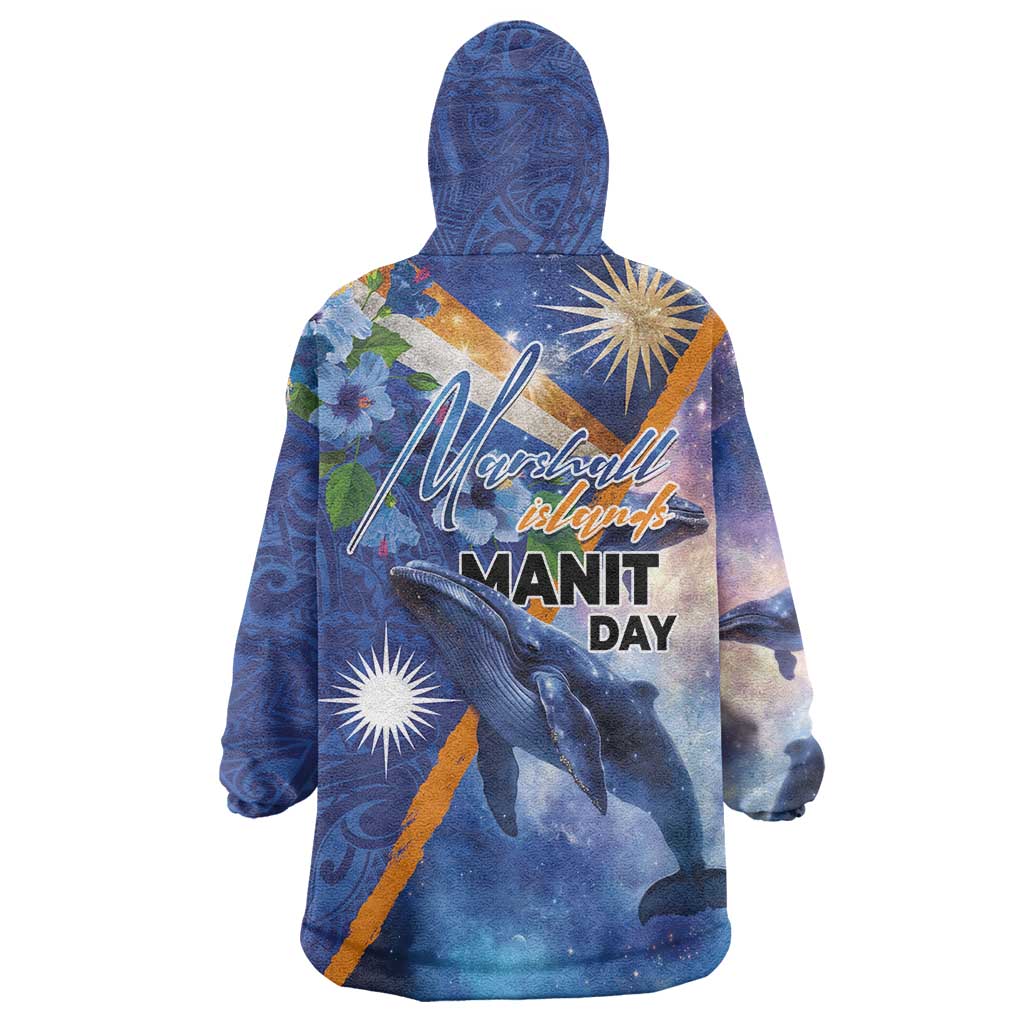Marshall Islands Manit Day Wearable Blanket Hoodie Grunge National Flag with Whales and Tribal Tattoos - Polynesian Pride