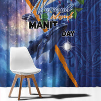 Marshall Islands Manit Day Window Curtain Grunge National Flag with Whales and Tribal Tattoos - Polynesian Pride