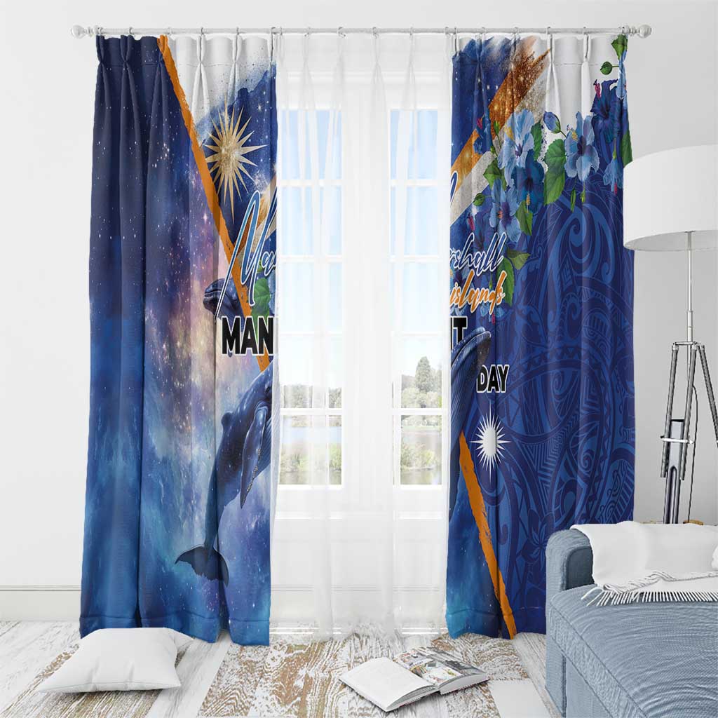 Marshall Islands Manit Day Window Curtain Grunge National Flag with Whales and Tribal Tattoos - Polynesian Pride