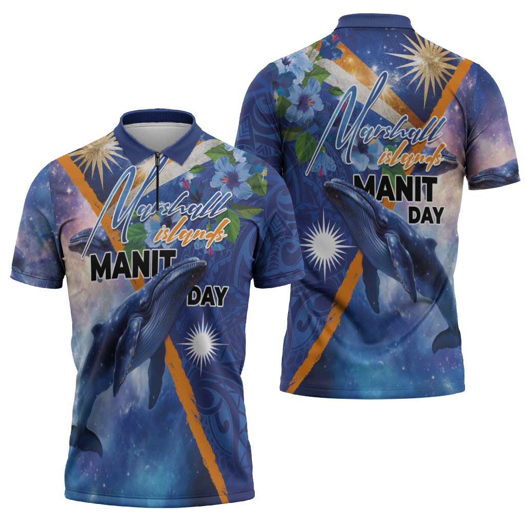 Marshall Islands Manit Day Zipper Polo Shirt Grunge National Flag with Whales and Tribal Tattoos - Polynesian Pride