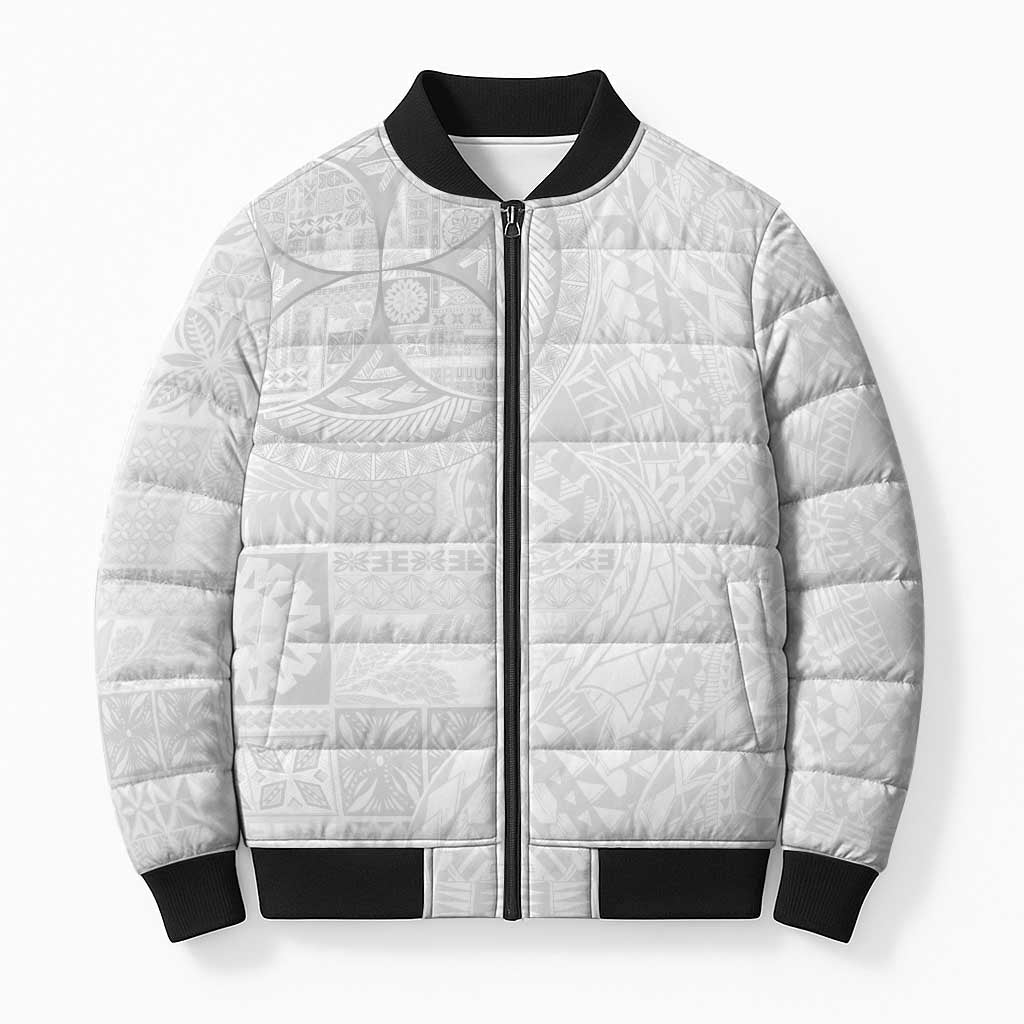 Samoan Culture-Lotu Tamaiti Bomber Puffer Jacket Siapo and Polynesian Art Tattoos LT03 Unisex White - Polynesian Pride