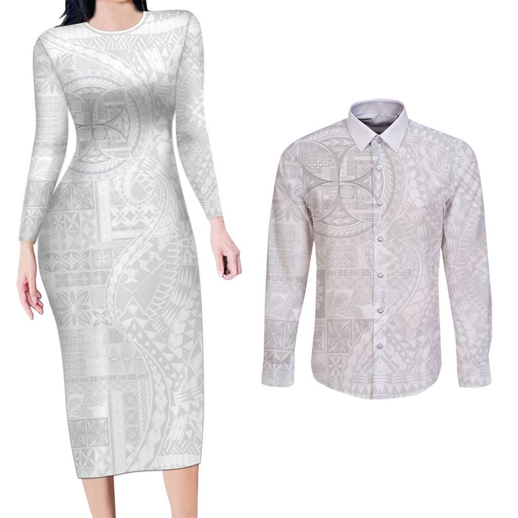 Samoan Culture-Lotu Tamaiti Couples Matching Long Sleeve Bodycon Dress and Long Sleeve Button Shirt Siapo and Polynesian Art Tattoos LT03 White - Polynesian Pride
