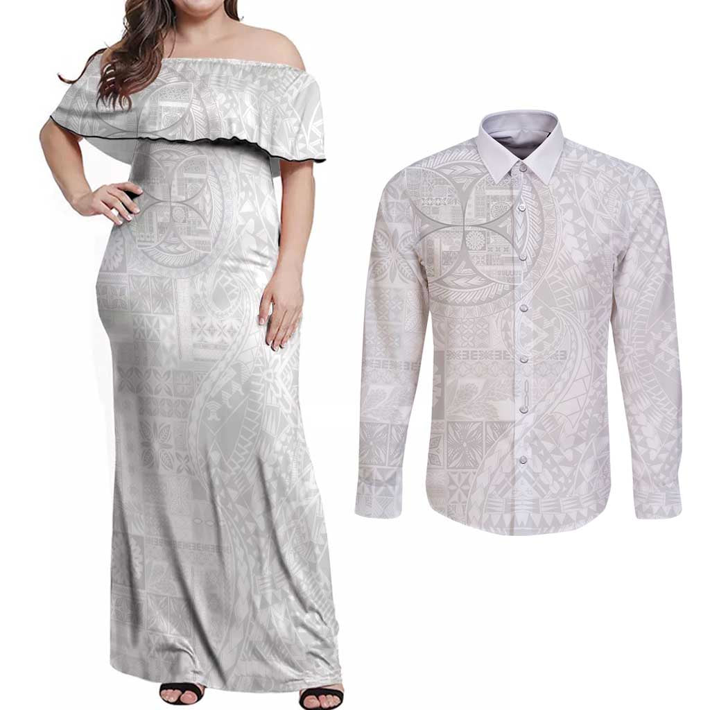 Samoan Culture-Lotu Tamaiti Couples Matching Off Shoulder Maxi Dress and Long Sleeve Button Shirt Siapo and Polynesian Art Tattoos LT03 White - Polynesian Pride
